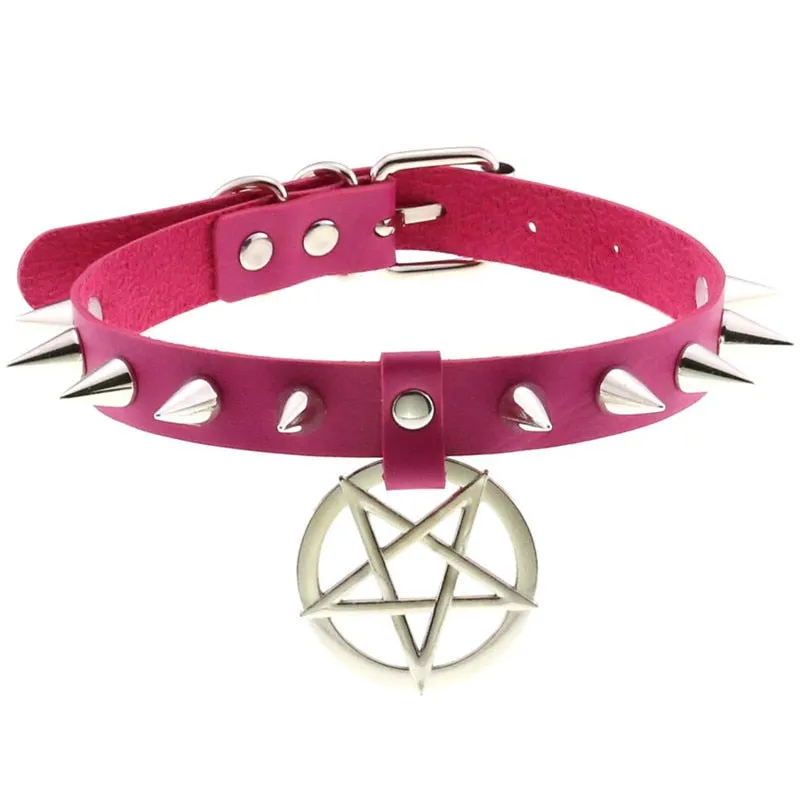 Women Pentagram Black Star Leather Choker Punk PU Leather Supernatur Spike Rivet Collar Studded