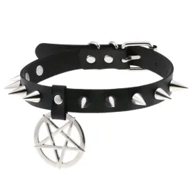 Women Pentagram Black Star Leather Choker Punk PU Leather Supernatur Spike Rivet Collar Studded