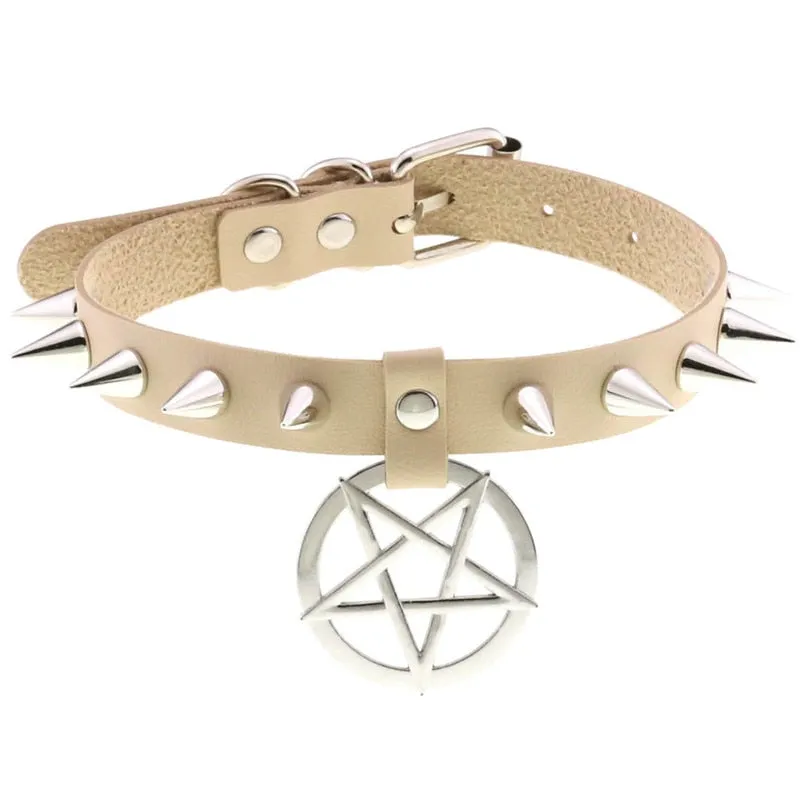 Women Pentagram Black Star Leather Choker Punk PU Leather Supernatur Spike Rivet Collar Studded