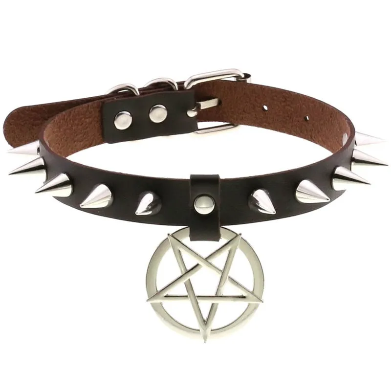 Women Pentagram Black Star Leather Choker Punk PU Leather Supernatur Spike Rivet Collar Studded