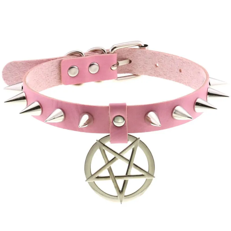 Women Pentagram Black Star Leather Choker Punk PU Leather Supernatur Spike Rivet Collar Studded