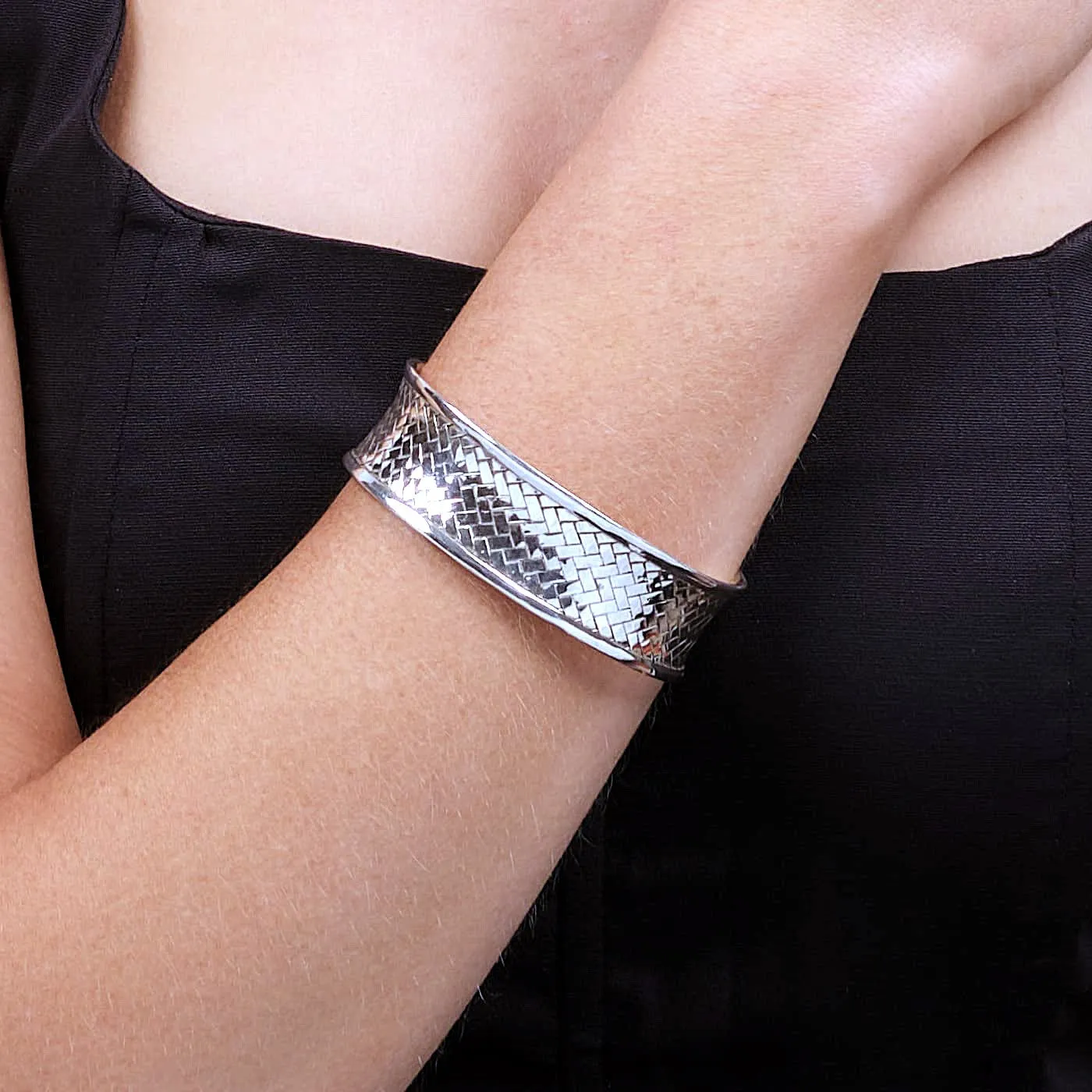 Women's 925 Sterling Silver 16mm Woven Bangle Bracelet