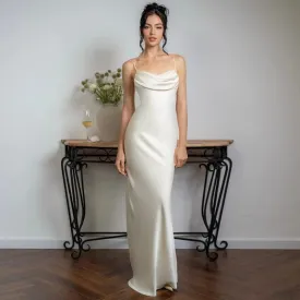 Women's Elegant White Satin V-Neck Prom Dress – Sexy Spaghetti Straps, Backless Long Evening Party Gown